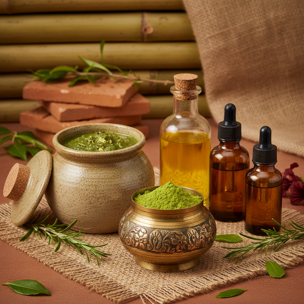 Green hair mask, green powder, hair oils. In a traditional container and background 